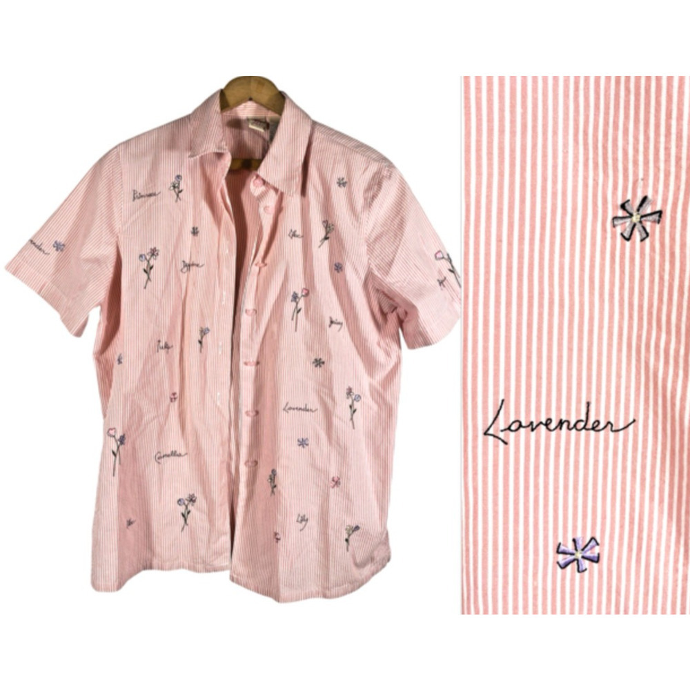 Floral Herb Shirt Medium Button Up Pink Stripe Seersucker Embroidered Herbalist